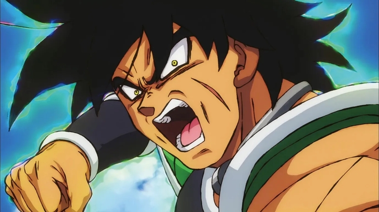 Broly with an enraged expression, unleashing his power in Dragon Ball Super: Broly.