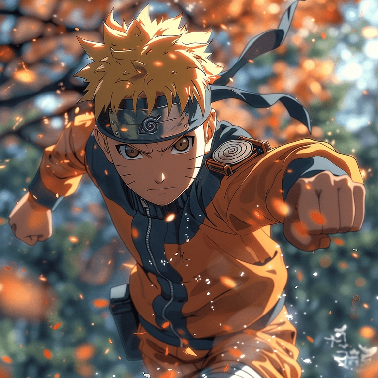 Naruto Uzumaki from Naruto Shippuden dashing forward with a determined expression, surrounded by vibrant orange leaves.