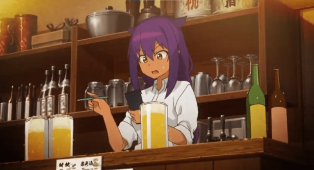 Jahy, in her weakened childlike form, works behind the bar at Izakaya Maou in The Great Jahy Will Not Be Defeated!
