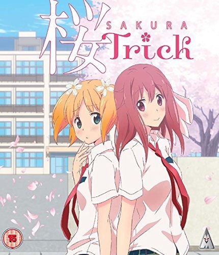 The official cover art for the anime Sakura Trick, featuring main characters Yuu Sonoda (left, orange hair) and Haruka Takayama (right, pink hair) standing back-to-back with a school building and cherry blossom petals in the background.