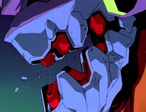 Close-up of Unit-01's damaged head in berserk state