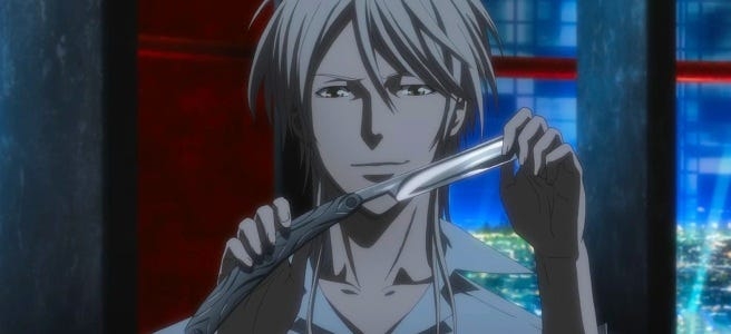 Shougo Makishima holds a razor against a futuristic cityscape