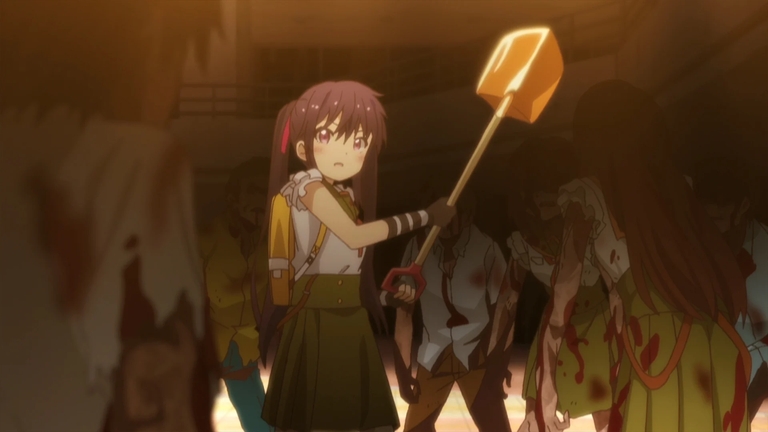 Kurumi fighting zombies with a shovel