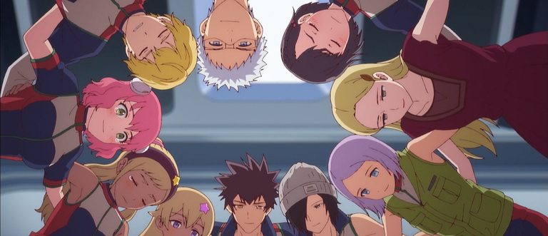 A group of young characters from the anime Astra Lost In Space huddle together, looking downwards.