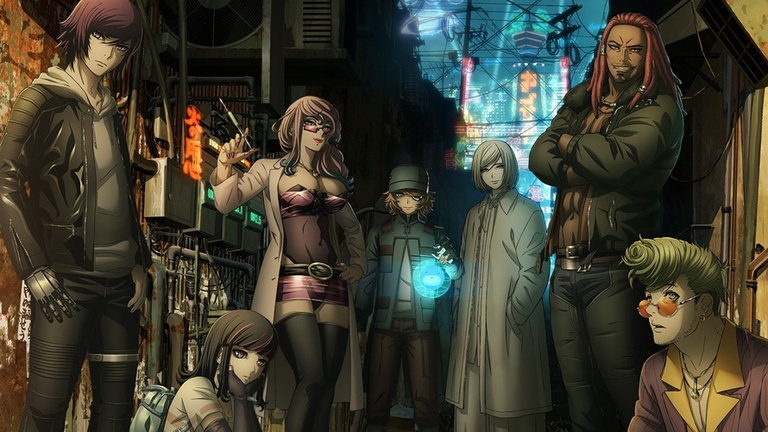 The seven main characters of the anime Akudama Drive stand together in a dark, futuristic city alleyway