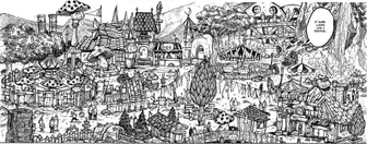 Detailed black and white illustration of surreal city architecture