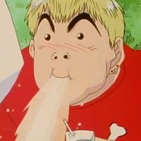 A character from Great Teacher Onizuka makes a comical, exaggerated facial expression while spitting out a drink.