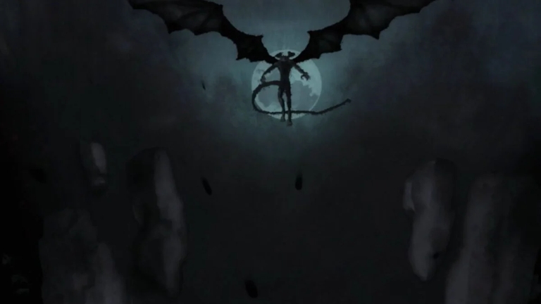 Silhouette of Devilman flying against moon