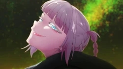 Nazuna Nanakusa from Call of the Night smiles slyly, looking upwards in an anime screenshot.