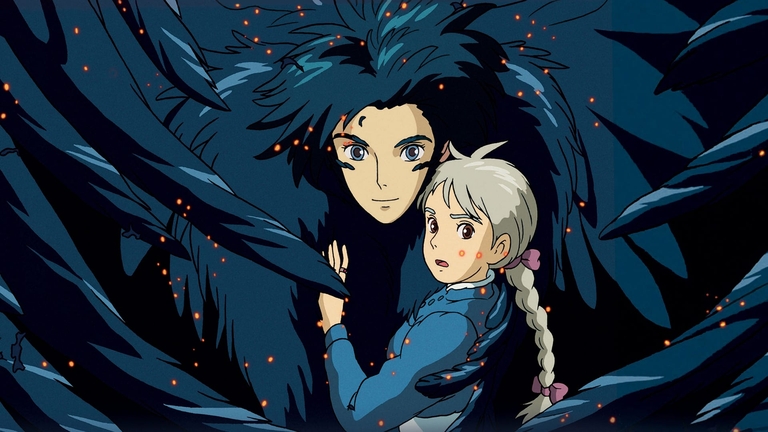 Howl, in his bird-like form, embraces Sophie in a dark, ethereal scene