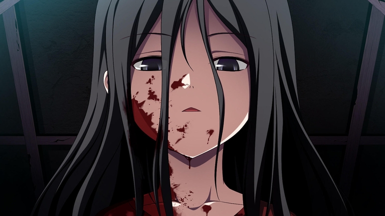 A young girl with dark hair, her face covered in blood, stares forward in a scene from the anime Corpse Party: Tortured Souls.