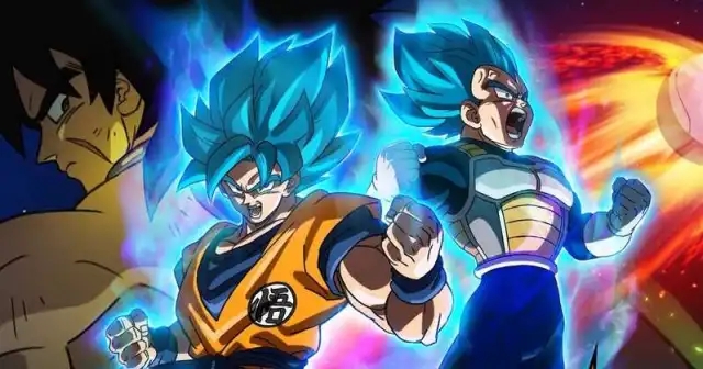 Goku and Vegeta powered up in their Super Saiyan Blue forms during a battle in Dragon Ball Super: Broly.