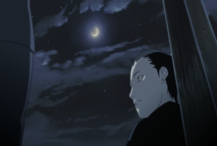 Shikamaru Nara looks up at the crescent moon at night, reflecting on Asuma's death and his grief in Naruto Shippuden.