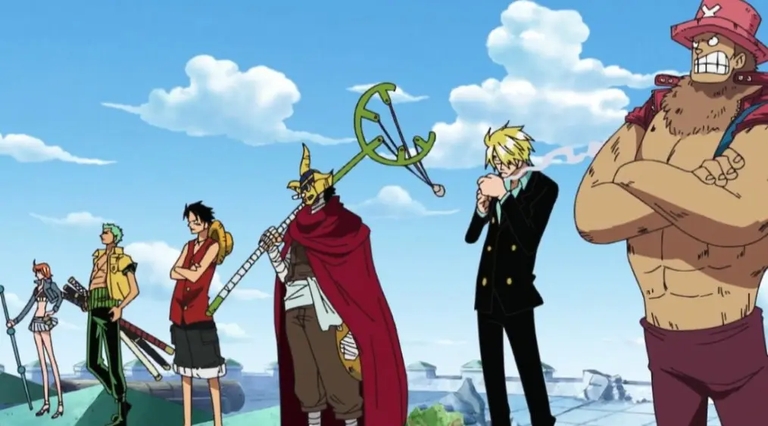 The Straw Hat Pirates including Luffy, Zoro, Sanji, and Sogeking standing together during the Enies Lobby Arc in One Piece.