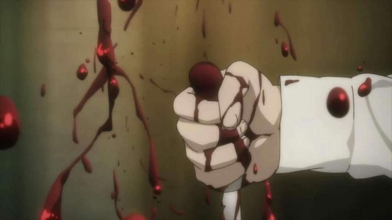 A hand covered in blood in a scene from the anime 91 Days