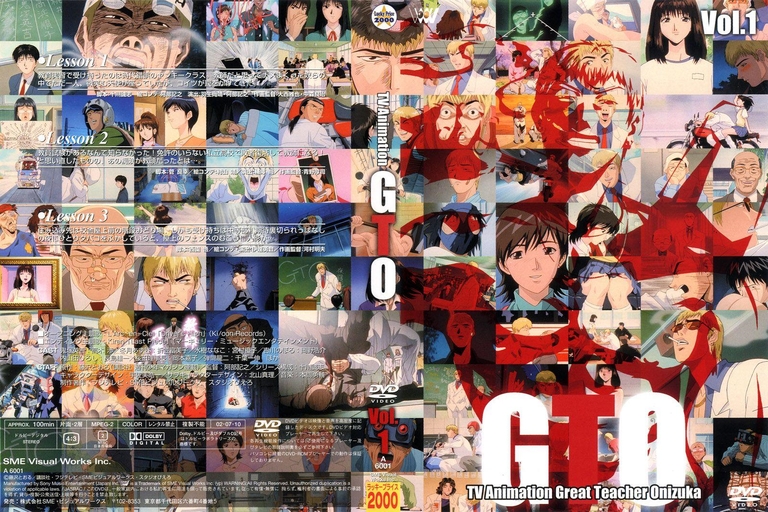 A collage of scenes from the Great Teacher Onizuka (GTO) TV anime series, featuring various characters and plot points.