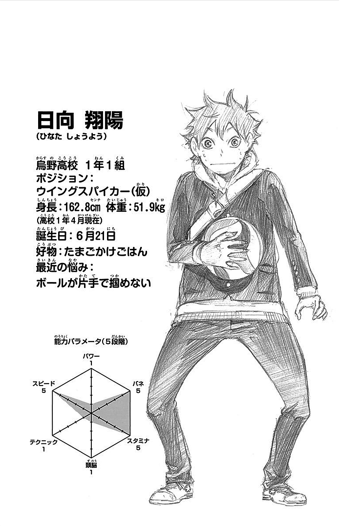 Shoyo Hinata with his official stats displayed, showing high Speed, Jumping, and Stamina ratings