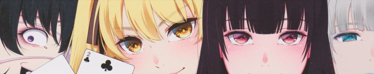 A montage of close-ups featuring characters from Kakegurui, including Yumeko Jabami and Mary Saotome, with playing cards.
