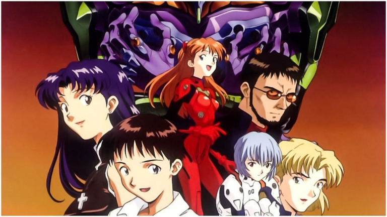 Group portrait of Evangelion characters with Eva unit silhouette
