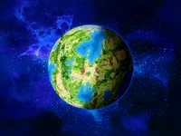 The vibrant green and blue Digital World planet, a parallel dimension made of data, set against a cosmic background in the Digimon anime.