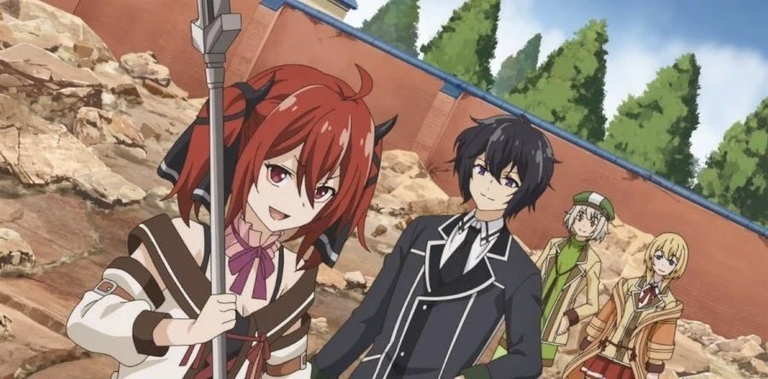 Mathias and Iris with their party in a fantasy landscape