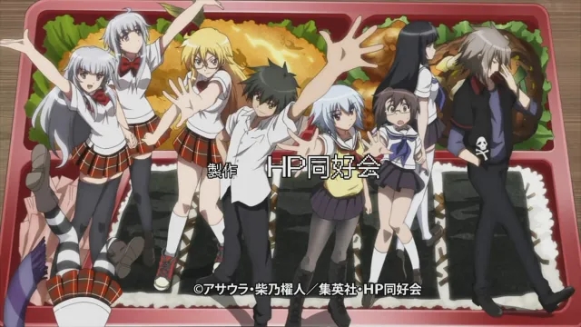 The main cast of the Ben-To anime poses together inside a bento box, celebrating the Half-Priced Food Lovers Club.