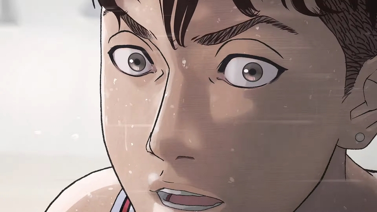 A close-up shot of Ryota Miyagi sweating and looking intently during a tense moment in The First Slam Dunk anime movie