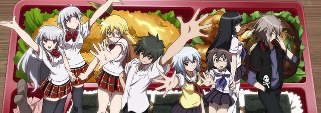 The main cast of the anime series Ben-To, including protagonist You Satou, Hana Oshiroi, and Sen Yarizui, striking dynamic poses in front of an open bento box filled with food.