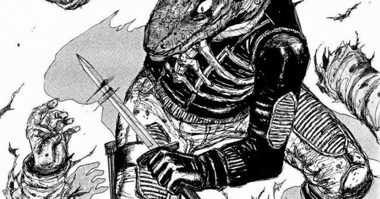 Kaiman wielding a knife in a detailed manga panel