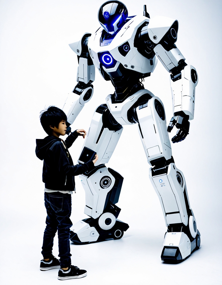 Young boy next to towering robot