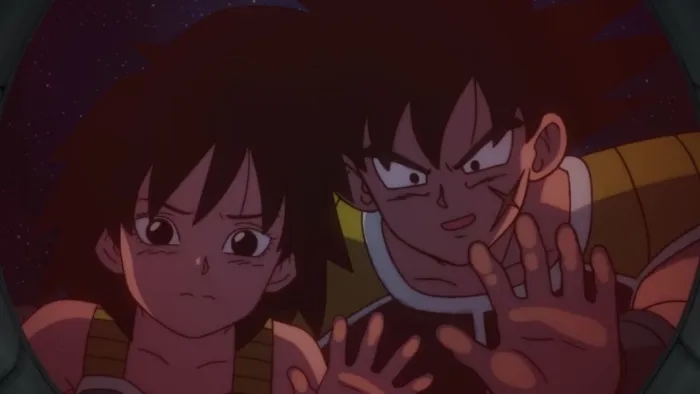 Bardock and Gine looking out from a window in Dragon Z: Broly.