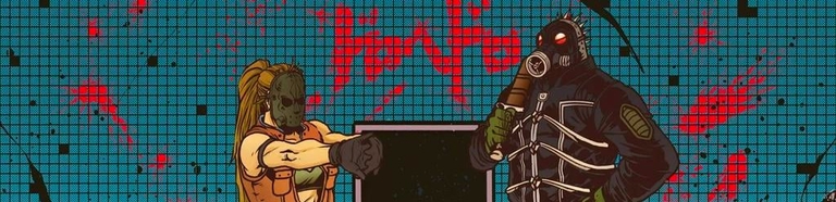 Two masked characters with weapons against blue grid background