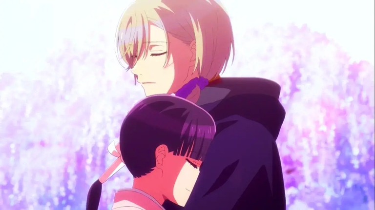 Miyo embraced by Kiyoka in tender moment