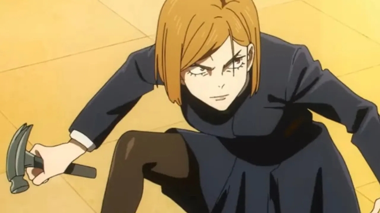 Nobara Kugisaki preparing her Straw Doll Technique with her hammer in Jujutsu Kaisen.