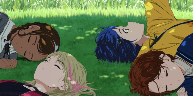 The four main protagonists lie on the grass