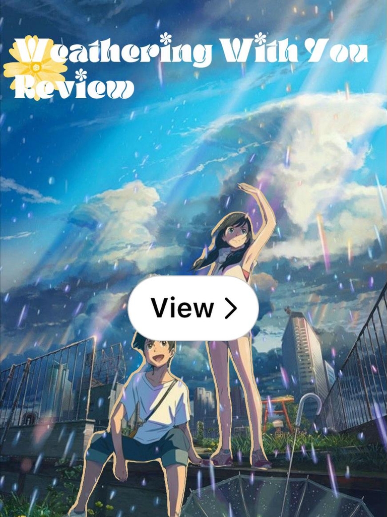 Hodaka and Hina standing on a balcony amidst heavy rain and sunlight