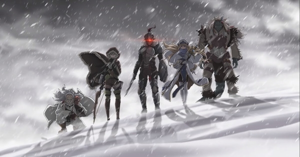 A group of adventurers, including Goblin Slayer, Priestess, Noble Fencer, High Elf Archer, and a heavily armored warrior, trek through a snowy landscape in Goblin Slayer: Goblin's Crown.