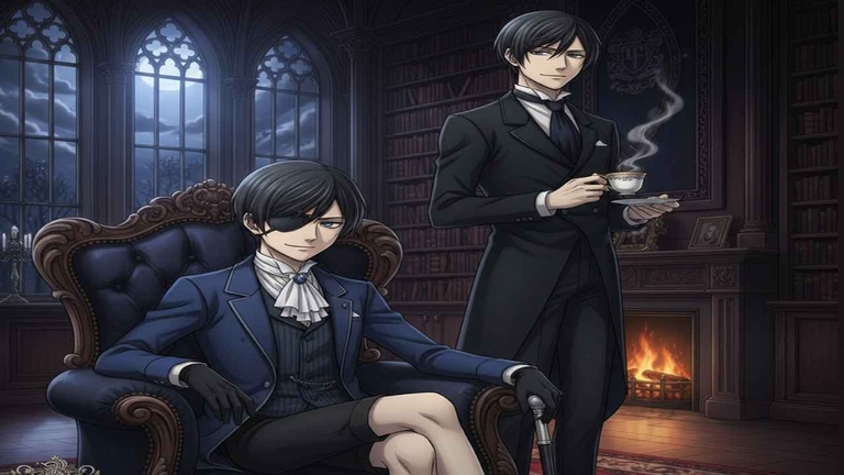 Ciel sitting with Sebastian behind him