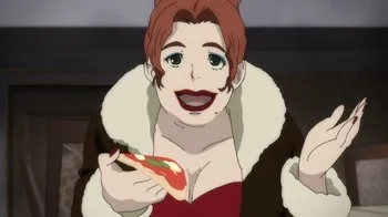 Lacrima, Fango's mistress in 91 Days, is shown holding a slice of pizza