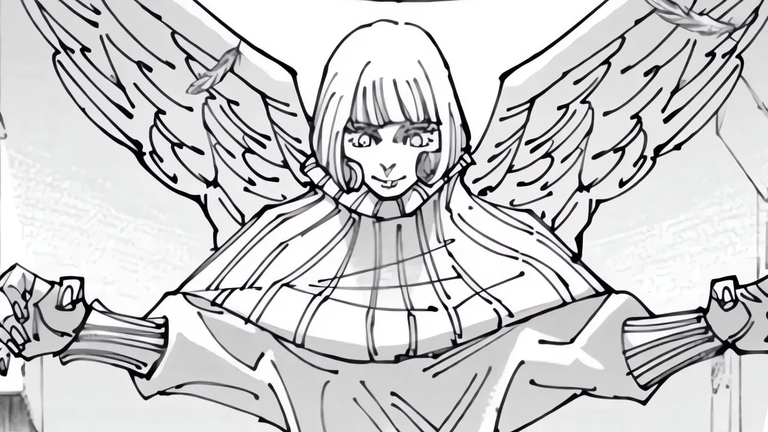 Hana Kurusu as the vessel for Angel, depicted with wings in a Jujutsu Kaisen manga panel, showcasing her ability to nullify cursed techniques.