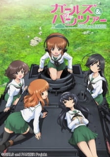 Main cast of Girls und Panzer posing on their tank