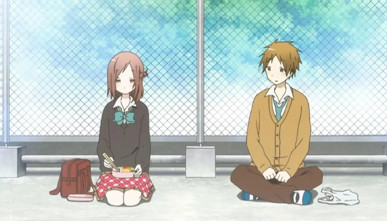 Hase Yuuki and Fujimiya Kaori sit separately with a bento box between them