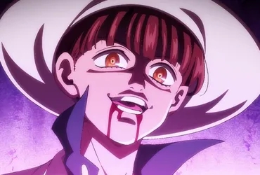 A male antagonist with a sinister smile and stylized blood on his mouth