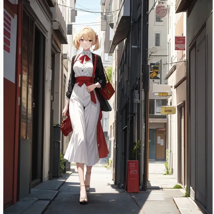 Mei Aihara walking down narrow urban street