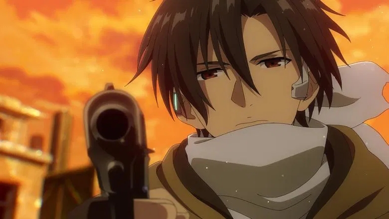 Shin Nouzen aiming a pistol during a sunset scene