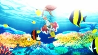 Ononoki Yotsugi underwater surrounded by fish