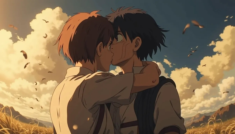 Eren Yeager and Mikasa Ackerman sharing a poignant moment