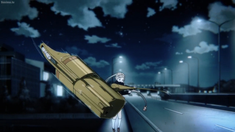 Animated character flying through nighttime cityscape