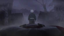 Gabimaru walking into the dark, foggy landscape of Hōrai as he leaves his companions to confront Lord Tensen in Hell's Paradise: Jigokuraku.