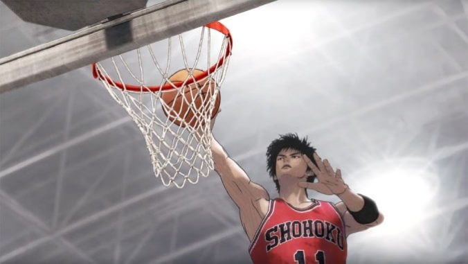 Takenori Akagi of the Shohoku team performs a dunk in the anime film The First Slam Dunk